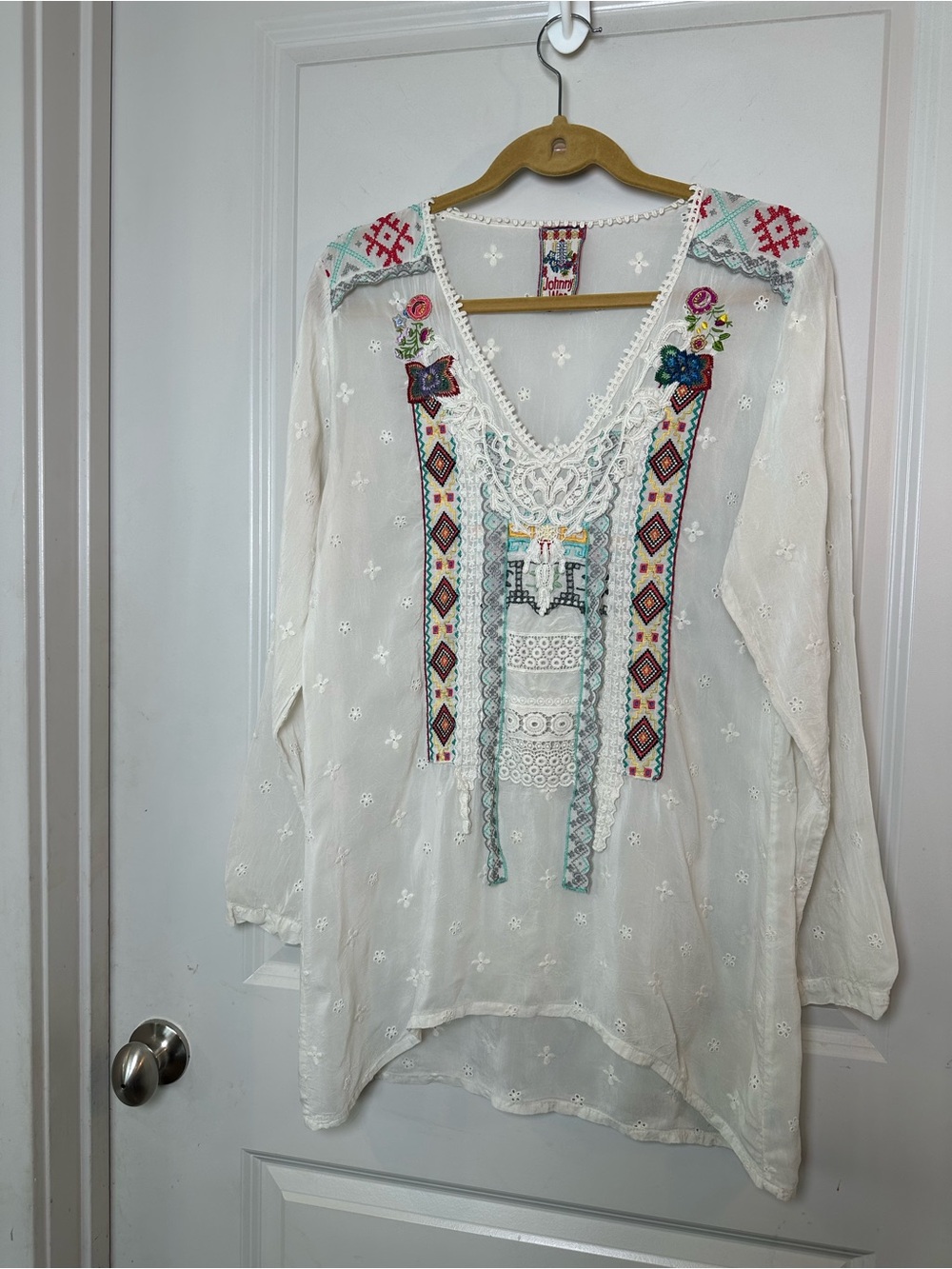 JOHNNY WAS Embroidered V- neck Aztec Lightweight Boho Tunic Top, S/M